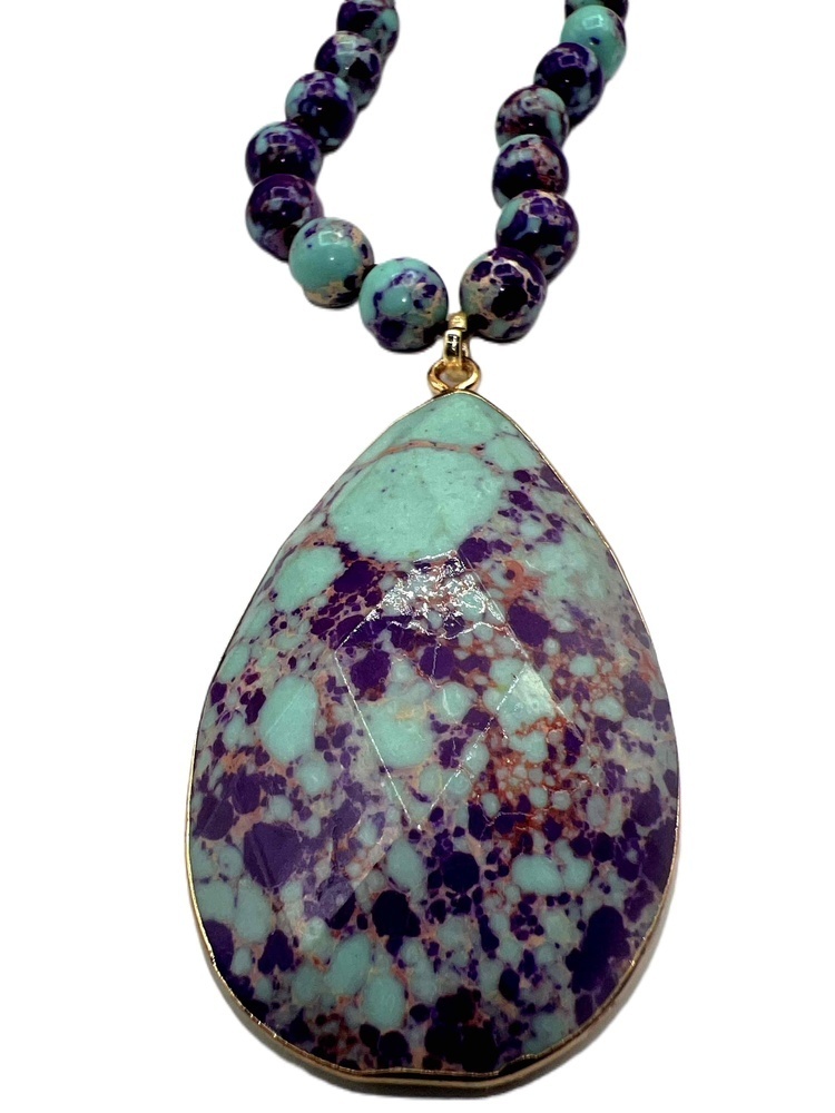 New Purple Teal Colored Stone & Glass Beaded Pendant Necklace - Picture 14 of 15